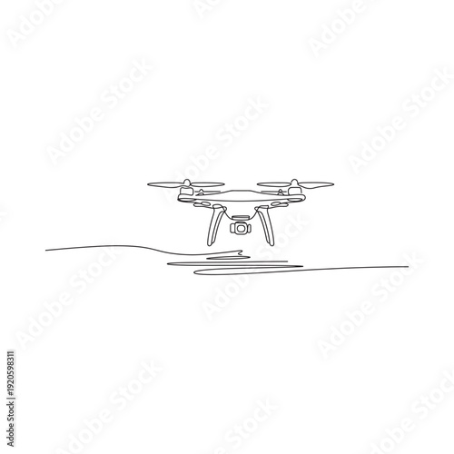 A minimalist line drawing depicts a drone with outstretched propellers and landing gear