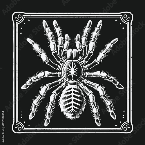 Detailed Tarantula Illustration in Square Frame on Black Background.