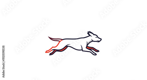 Simple line drawing of a running dog with red accents on white background.