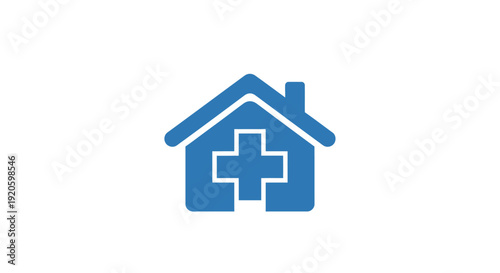 Blue house icon with medical cross symbolizing healthcare and home.