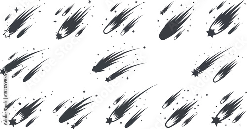Flaming meteor silhouette thick black comet vector set