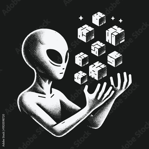 Alien Manipulation of Cubes: A Sci-Fi Illustration of Extraterrestrial Power.
