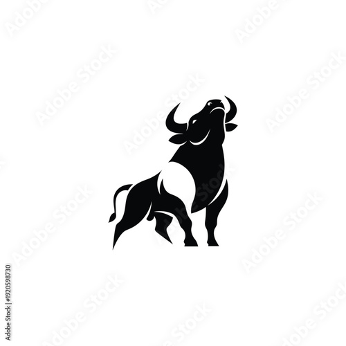 A black silhouette illustration of a bull standing proudly with horns raised high on a white background from a straightforward viewpoint