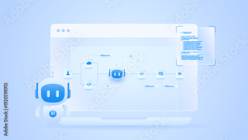 AI workflow automation artificial intelligence. ai agent automation system diagram dashboard machine learning with flow processing system, coding panel and automation flow.
