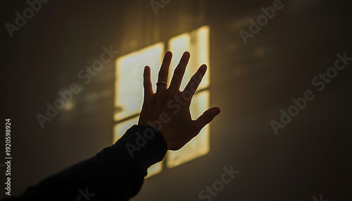 Human Hand Reaching Toward Soft Window Light in Dark Room