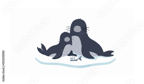 Cute fur seal mother and cub on ice floe with fish cartoon vector isolated on white