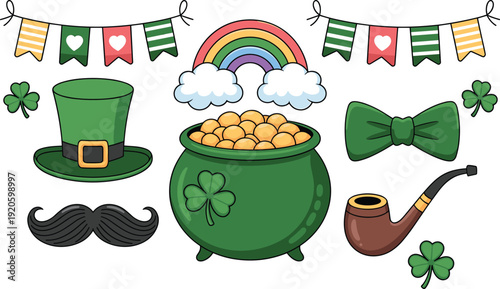 Saint Patrick’s Day Irish Symbols Set with Pot of Gold Leprechaun Hat Mustache Pipe Bow Tie Rainbow and Shamrocks Isolated