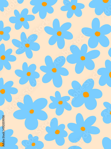 Seamless floral pattern with simple blue flowers and orange centers on beige background. Cute minimalist illustration perfect for textiles, wallpapers, packaging, prints, and decorative designs.