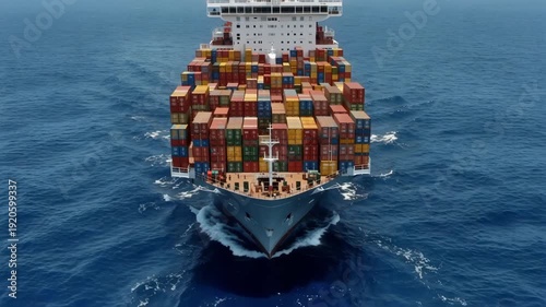 Shipping container ship sails across blue ocean on a sunny day with stacked cargo ready for delivery