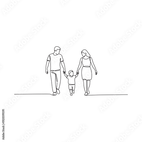 A simple line drawing depicts a family of three walking together happily