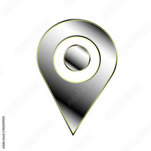 Silver metallic map pin location marker icon with gradient shading and a lime green outline isolated on a clean white background for navigation and destination concepts