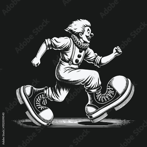 Monochrome Clown Running with Oversized Shoes in a Dark Setting.