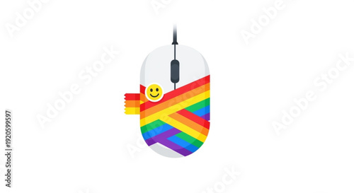Colorful rainbow computer mouse with smiley face sticker on white background