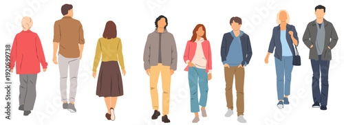 Walking of people. Young men and women, front and back views, profile, different colors, cartoon character, group silhouettes, students, flat iconographic design concept, isolated on white background