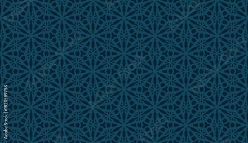 Abstract vector geometric seamless pattern. Subtle floral lattice, weave, grid, mesh, snowflake silhouettes. Elegant dark blue ornamental background. All-over geo design for print, textile, wallpaper