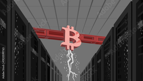 Bitcoin plummeting from a bridge between two data centers, with sparks flying in its wake.