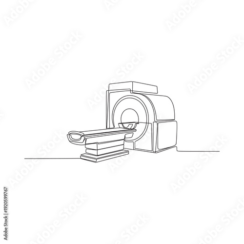 A continuous line drawing of a medical mri machine with a patient bed