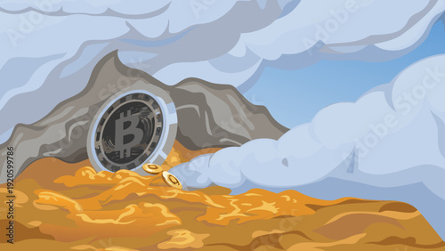 Bitcoin falling from an open vault atop a mountain of molten gold.