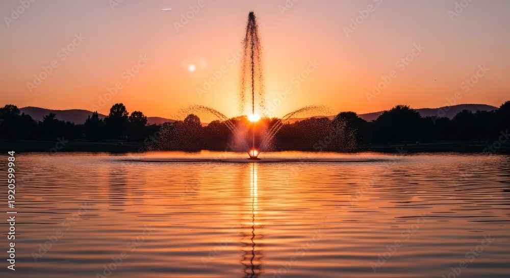 Fototapeta premium A fountain sprays water into the air, backlit by a vibrant sunset over a lake