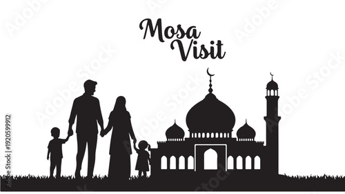 Family Silhouette Visiting Mosque in Serene Simple Black Silhouette for Islamic Cultural Illustration