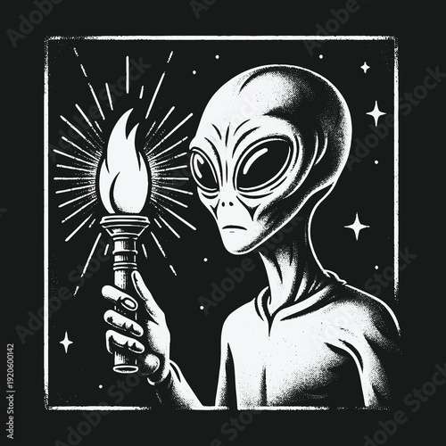 Alien Holding Torch in Space: A Symbol of Extraterrestrial Enlightenment.