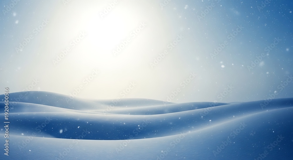 Naklejka premium Snow-covered landscape with gentle rolling hills, bright sky, and falling snowflakes