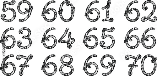 Collection of numbers fiftynine to seventy designed with rope elements