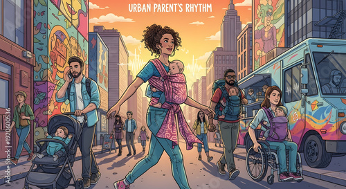 Diverse urban parents with babies navigating a vibrant city street at sunset for modern family lifestyle concept and daily routine