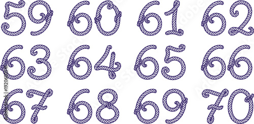 Collection of ropethemed numbers from fiftynine to seventy isolated on white background