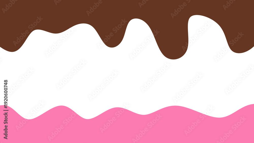 Obraz premium Sweet melting chocolate and pink strawberry icing glaze background. Melted syrup or dripping liquid sauce. Minimalist sweet chocolate and strawberry pink background. Minimalist wavy background.