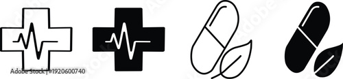 Medical cross and heartbeat line logos