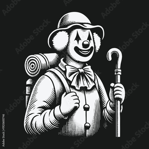 Monochrome Illustration of a Traveling Clown with a Cane and Backpack.