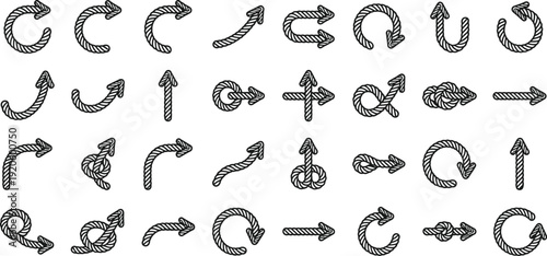 Collection of various ropeshaped arrows pointing in different directions