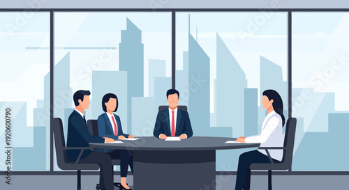 Business Professionals Gather Around Conference Table in Modern Office Facing City Skyline View