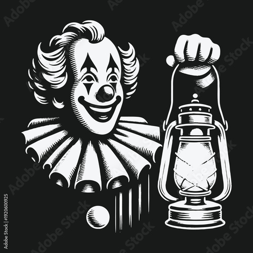 Eerie Clown with Lantern: A Vintage Halloween Illustration.