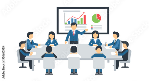 Business Professionals During Corporate Meeting Presentation with Growth Charts on Screen and Strategy Discussion Around Conference Table