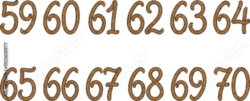 Set of ropetextured numbers from fifty nine to seventy isolated on transparent background