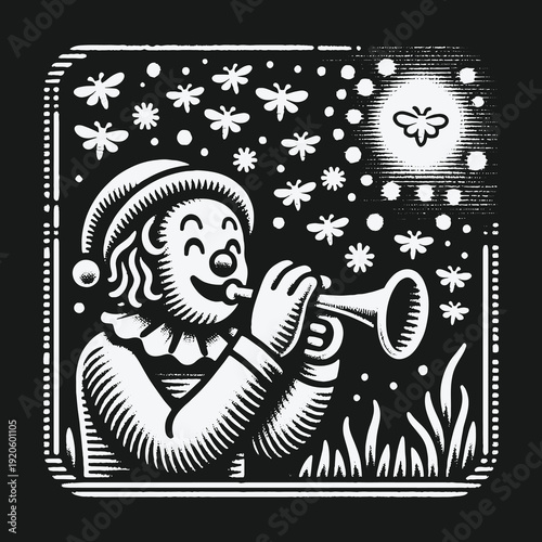 Whimsical Clown Serenade Under a Moth-Lit Sky.