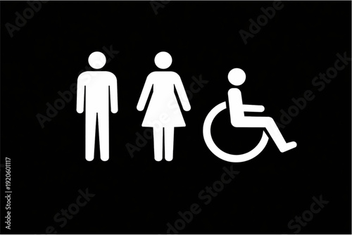 Accessible restroom icons male female wheelchair white silhouettes on black