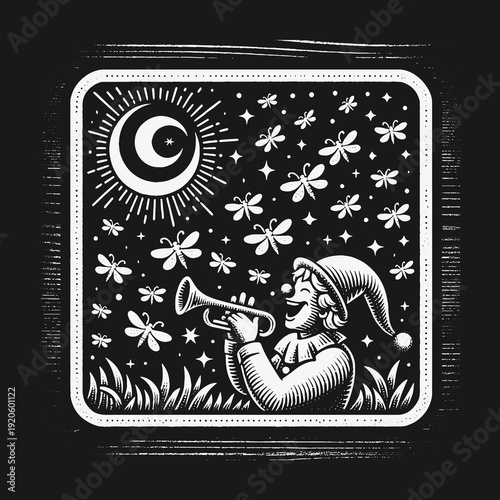 Whimsical Jester Serenade Under Crescent Moon with Fireflies.