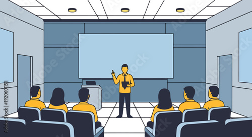 Professional instructor leads a training session with attendees seated in an auditorium facing a large presentation screen