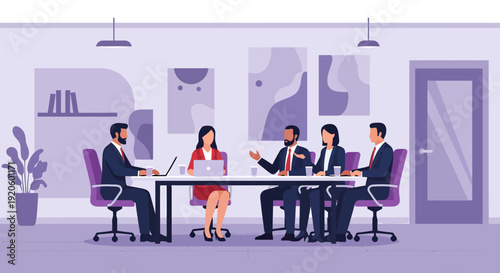 Diverse business professionals seated around a conference table brainstorming ideas during a corporate meeting in a modern office setting with