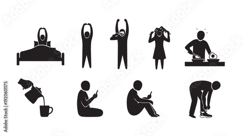Silhouette People in Various Morning Routines in Simple Flat Design with Black Color on White Background for Infographics