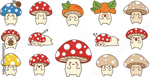 Cute mushroom character set with kawaii fungus mascots in various poses and expressions isolated on white background.