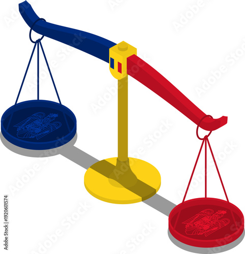 Isometric scales of justice with Romanian flag symbolizing law and governance