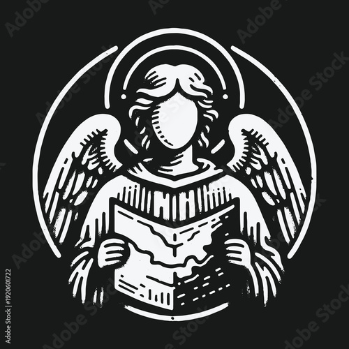 Monochrome Angel Reading a Book with Halo Illustration.