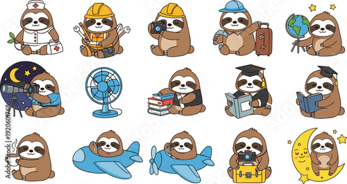 Cute Sloth Character Set in Different Professions and Activities Flat Vector Illustration Isolated on White Background