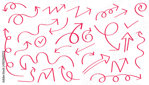 Hand Drawn Arrow Collection Vibrant Pink Swirls and Zigzags Indicating Direction and Movement Abstract Doodle Style Vector Graphics for Creative Design Projects and Signage Elements