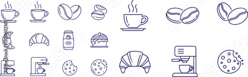 Vector art of a collection of coffee and bakery icons in blue color