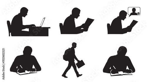 Silhouette of man working on laptop and documents in various poses with dark profile for business and productivity